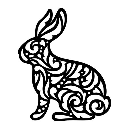 Easter Bunny template. Floral vector animal. Rabbit silhouette. For paper, laser cutting, sublimation. Cute festive character with ornament. Holiday symbol. Isolated on white background.のイラスト素材