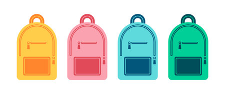 Colorful rucksack, travel backpack, schoolbag with zipper. Flat vector illustration set.
