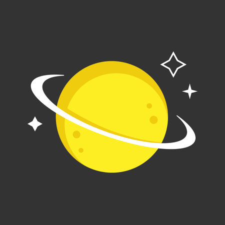 Yellow cartoon planet with white orbit and stars on black background. Isolated flat vector illustration.のイラスト素材