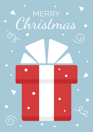 Merry Christmas and Happy New Year greeting card with a present box and confetti. Vector illustration for poster, banner, invitation, postcard design.のイラスト素材