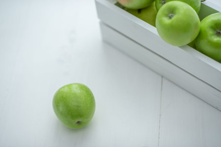 fresh green apples in a box on white backgroundの写真素材