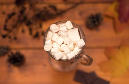Cacao drink in a glass with marshmallow on the background of bokeh lights, hot Christmas drink, autumn drinkの写真素材