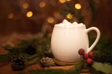 Cacao drink in a white cup with marshmallow on the background of bokeh lights, Hot Christmas drinkの写真素材