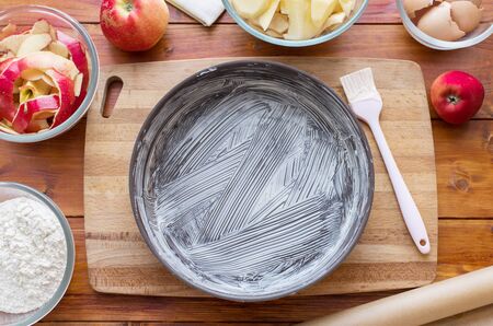 Baking concept . outumn cookies ingredients.Baking pastry and cookies: apples, spices, sugar, eggs on woodの写真素材