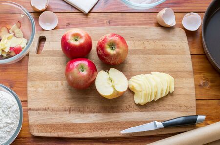 Baking concept. Cooking Apple pie, step by step instructions. Top view.の写真素材