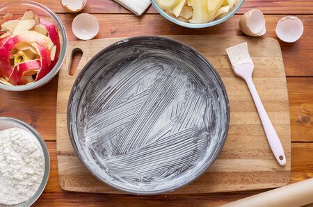 Baking concept. Cooking Apple pie, step by step instructions. Top view.の写真素材