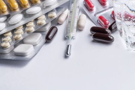 A bunch of blister packs of tablets, pills coronavirus. Medicines. Copy space, Close up, macroの写真素材