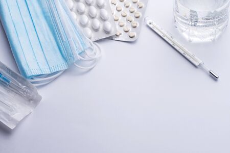 A bunch of blister packs of tablets, pills coronavirus. Medicines. Copy space, Close up, macroの写真素材