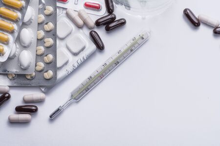 A bunch of blister packs of tablets, pills coronavirus. Medicines. Copy space, Close up, macroの写真素材