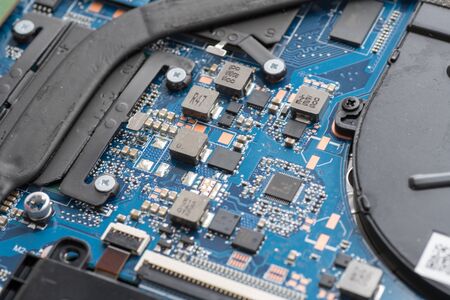 Professional repair of computers laptops, boards. Screwdrivers, macro close-up Top wievの写真素材