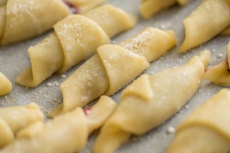 Step-by-step instructions for making bagel cookies preparation for a croissant with jam. Step 4 macroの写真素材