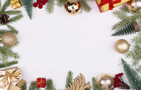 Frame of Christmas decorations on a white backgroundの写真素材