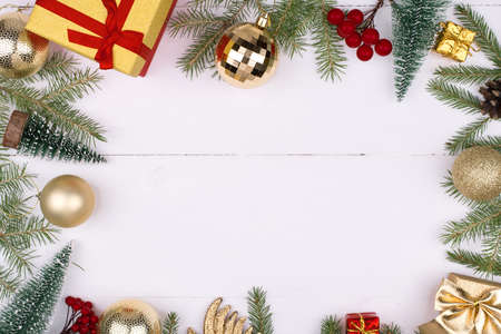 Frame of Christmas decorations on a white backgroundの写真素材