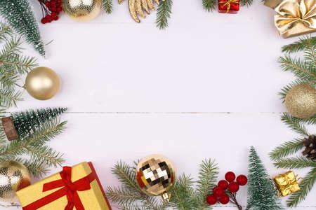 Frame of Christmas decorations on a white background.Flatly, CopySpaceの写真素材