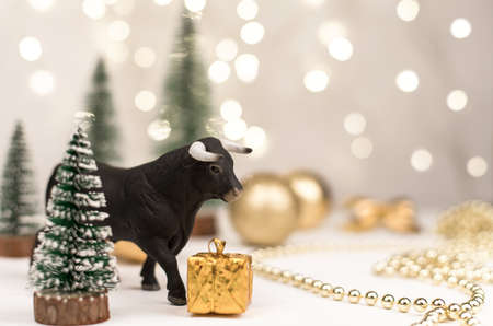 decorative bull, symbol of the New Year on the background of Christmas trees and Golden bokeh.の写真素材