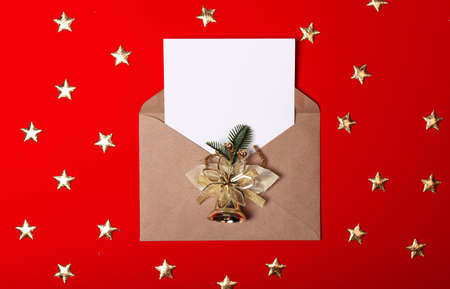 Envelope letter with an empty gladent and a place for text on a red background with stars.の写真素材