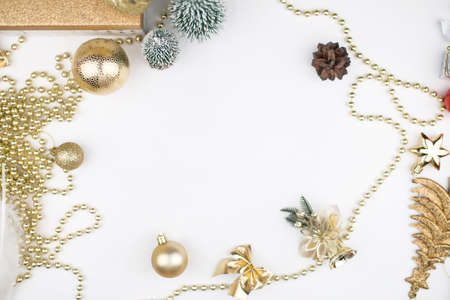 Christmas attributes, Christmas tree decor, gifts on the background of Golden bokeh, New year 2021 Flat Lay, copy spaceの写真素材