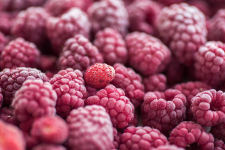 Ripe frozen raspberries close-up macro photography, selective focus, fruit background.の写真素材