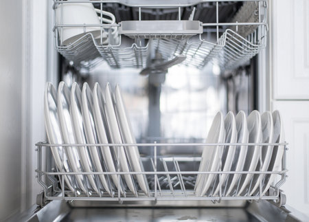 White flat plates large and small are loaded into the dishwasherの写真素材