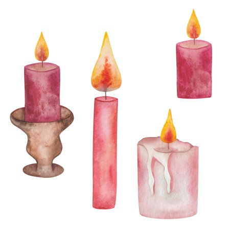Watercolor illustration hand painted wax maroon, red candles with yellow fire in the candlestick isolated on white. Illumination clip art element for autumn, winter evenings, birthday design postcardsの写真素材