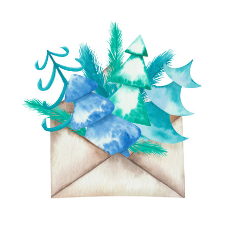 Watercolor illustration hand painted fir tree, pine, evergreen spruce in beige paper envelope for Christmas, New Year. Isolated winter clip art element for design postcard, packaging paper, textileの写真素材