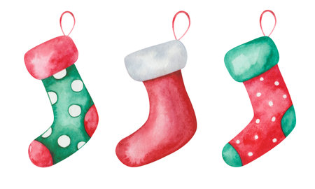 Watercolor illustration of hand painted green, red and white hanging socks woth polka dot for Santa Claus presents. Stocking for gifts. Isolated clip art for New Year print, Christmas postcard, posterの写真素材