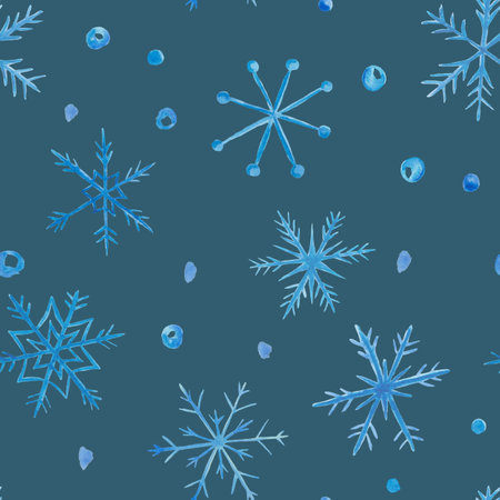 watercolor seamless pattern. Hand painted illustration of blue snowflakes of ornate shape, snowballs. Winter snow. Showfall weather. Print on blue background for New Year, Christmas textile, packagingの写真素材