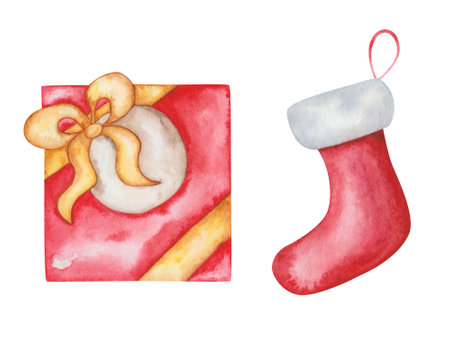 Watercolor illustration of hand painted red, golden yellow present box with bow, beige paper tag. Santa Claus hanging sock. Stocking for gifts. Isolated clip art for New Year prints, Christmas cardsの写真素材