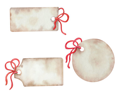 Watercolor illustration hand painted sticker labels from beige paper with red bow, ribbon isolated on white. Tag clip art element for design postcard, birthday and wedding invitation, packaging paperの写真素材