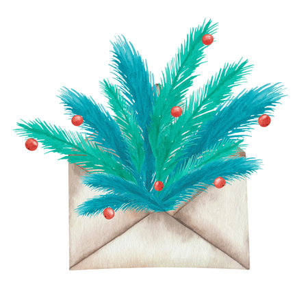 Watercolor illustration hand painted fir tree, pine, spruce branches, red berries in envelope for Christmas, New Year isolated. Winter clip art element for design postcard, packaging paper, textileの写真素材