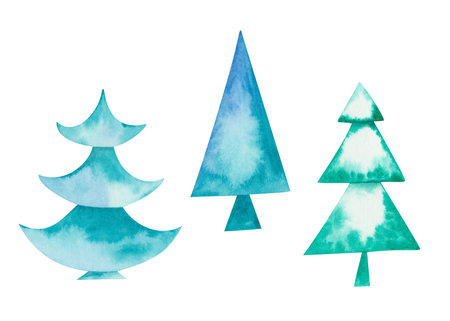Watercolor illustration hand drawn fir tree, pine, green, blue spruce isolated on white. Forest clip art for Christmas, New Year. Winter elements for design postcard, packaging paper, fabric materialの写真素材