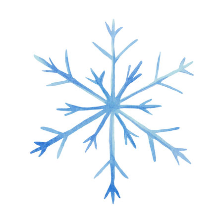Watercolor illustration of hand painted blue snowflake of ornate shape. Isolated on white snow art for Christmas, New Year. Winter element for design postcard, poster, packaging paper, fabric materialの写真素材