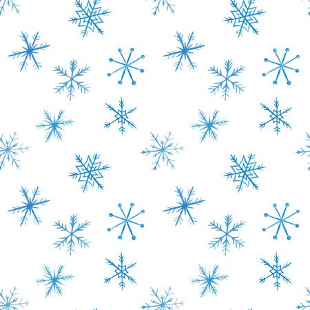 watercolor seamless pattern. Hand painted illustration of blue snowflakes of ornate shape. Winter snow. Showfall weather. Print on white background for New Year, Christmas textile, packagingの写真素材