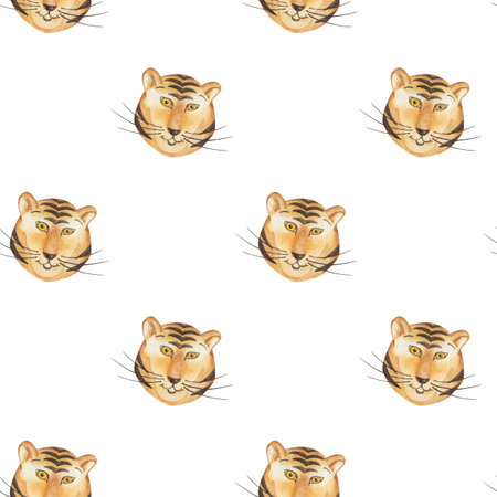 Watercolor seamless pattern from hand painted illustration of tiger heads with smile, whiskers, stripes on fur on white background. Print with cartoon wild animals for design postcard, fabric textileの写真素材