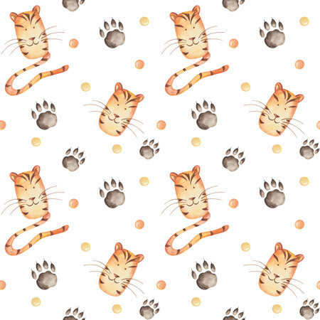 Watercolor seamless pattern from hand painted illustration of funny tiger heads and foot print of paws on white background. Print with cartoon wild animals for design postcard, fabric textileの写真素材