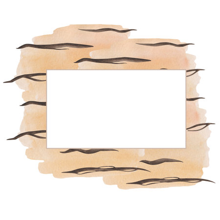 Watercolor square frame from hand painted illustration orange tiger skin with stripes on fur isolated on white. Abstract ornament, design template for holiday invitations, postcards, posters, greetingsの写真素材