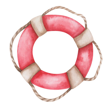 Watercolor illustration of hand painted red life buoy with beige ropes. Safety at sea and ocean, on the beach, on ships and vessels. Marine clip art element for fabric textile, summer cardsの写真素材