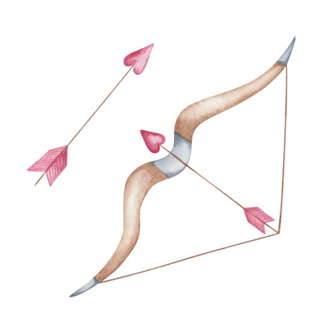Watercolor illustration of hand painted arrows with pink hearts and feathers, brown wooden bow for angel Cupid. Isolated clip art archery elements for wedding invitation. Love card for Valentine's Dayの写真素材