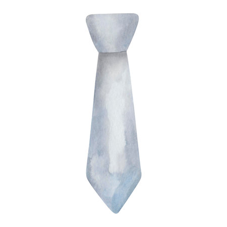 Watercolor illustration of hand painted grey, blue neck tie. Accessory for man, businessman, gentleman. Male clothes. Isolated on white clip art for business cards, posters, advertisement bannersの写真素材
