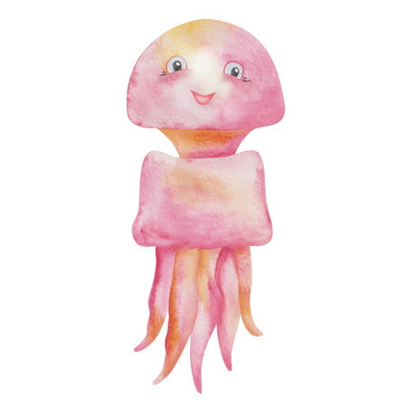 Watercolor illustration of hand painted pink jellyfish. Cartoon character fish with face, smile. Sea animal creature, ocean life. Isolated clip art element for children fabric textile print, postcardsの写真素材