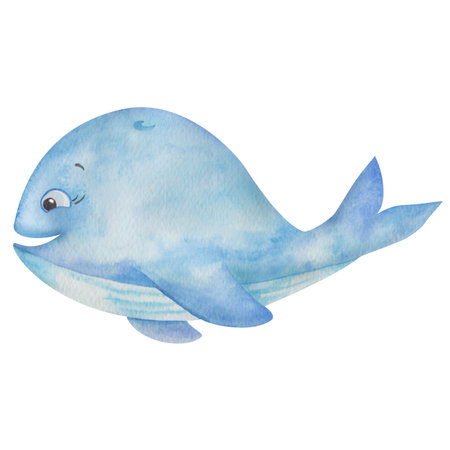Watercolor illustration of hand painted blue whale. Cartoon character fish with face, smile. Sea animal creature, ocean life. Isolated clip art element for children fabric textile print, postcardsの写真素材