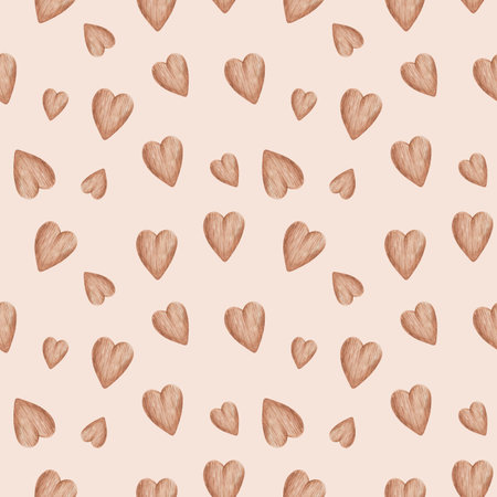 Watercolor seamless pattern from hand painted illustration of brown wooden hearts with texture on...