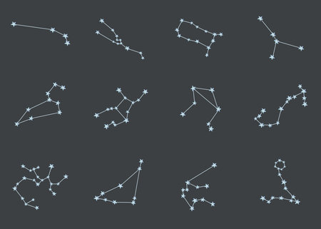 Watercolor illustration. Hand painted constellations: Aries, Taurus, Gemini, Cancer, Leo, Virgo, Libra, Scorpio, Sagittarius, Capricorn, Aquarius, Pisces on blue background. Zodiac sign, star, planetの写真素材