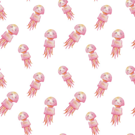 Watercolor seamless pattern from hand painted illustration of pink jellyfish. Cartoon character fish with face, smile. Sea animal creature, ocean life. Print on white background for fabric textileの写真素材