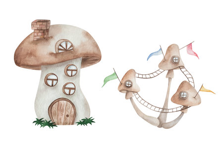 Watercolor illustration of hand painted brown mushroom houses with windows, doors, chimney, grass, ladders, flags. Champignon cottages. Fungus huts. Isolated forest clip art for textile, stickers