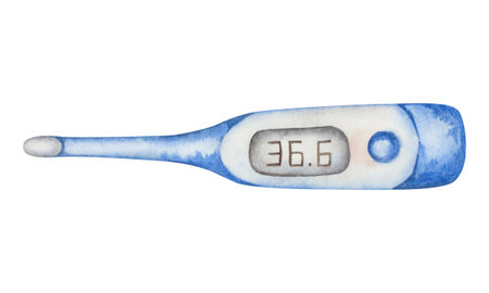 Watercolor illustration of hand painted electronic thermometer in blue and white colors with healty...