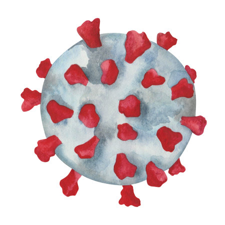 Watercolor illustration of hand painted coronavirus. Microscopic view of infectious disease. Blue virus of covid-19 with red spikes. Isolated on white background clip art for meical health careの写真素材