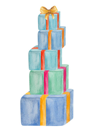 Watercolor illustration of hand painted gift boxes with golden yellow bow. Colorful present boxes. Isolated on white clip art elements for birthday postcards, wedding invitation, greeting cardsの写真素材