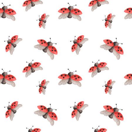 Watercolor seamless pattern from hand painted illustration of red ladybugs with black dots and spread wings. Flying insect bug. Red lady beetle. Print on white background for fabric textile, wallpaperの写真素材