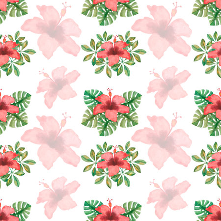 Watercolor seamless pattern from hand painted illustration of red tropical hibiscus chinese rose flower, green monstera, schefflera leaf. Print on white background for fabric textile, wallpaper, cardの写真素材